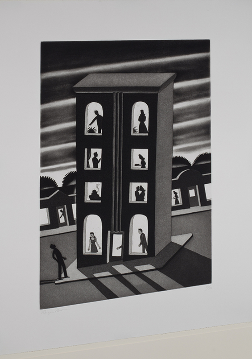 Print of a tilted apartment building with silhouettes of people in the windows