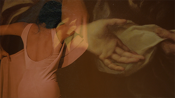 A layered image of a dancer and a painting